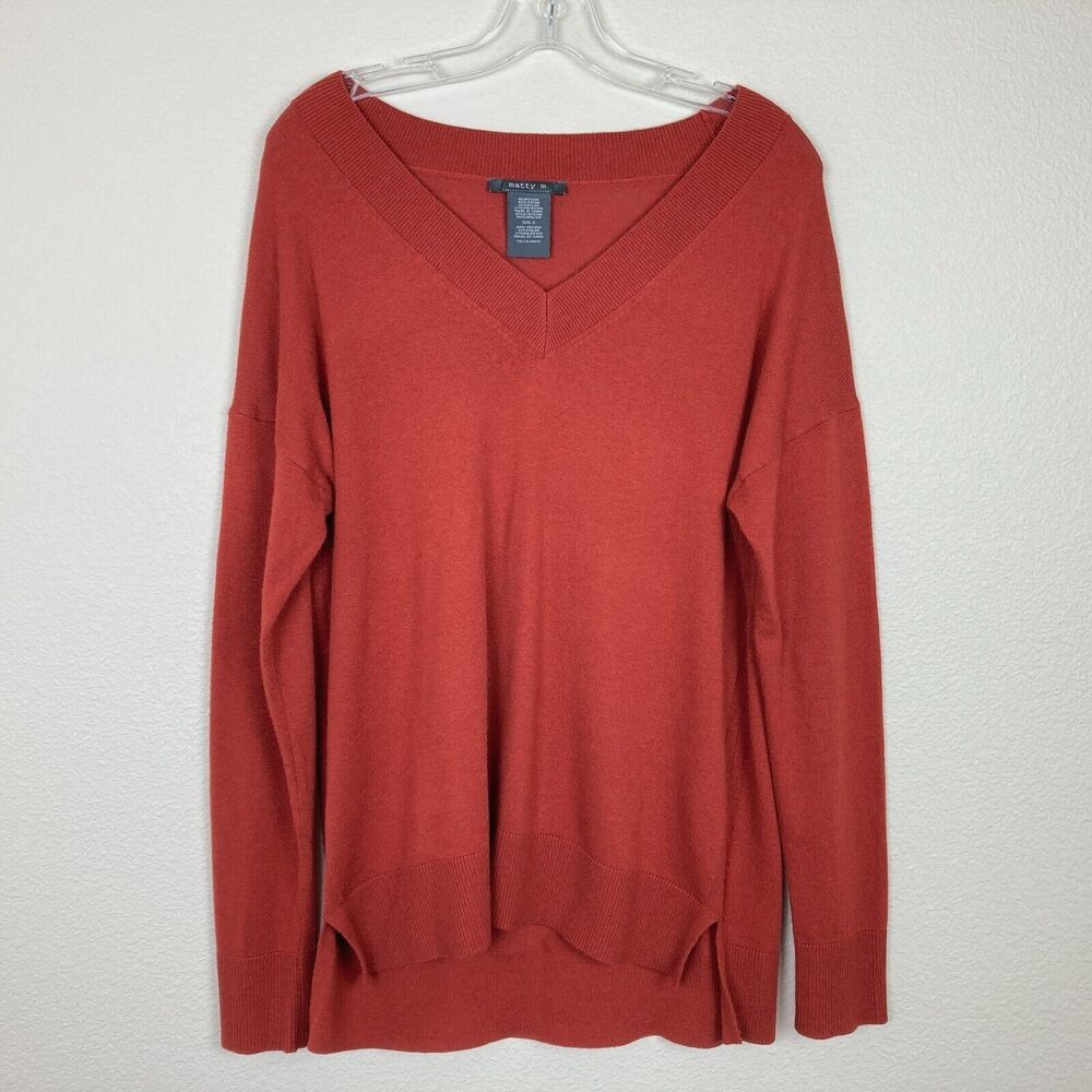 Matty M Women's V-Neck Sweater Size S Rust Ribbed Cuff & Waist Hi-Low Side Slits